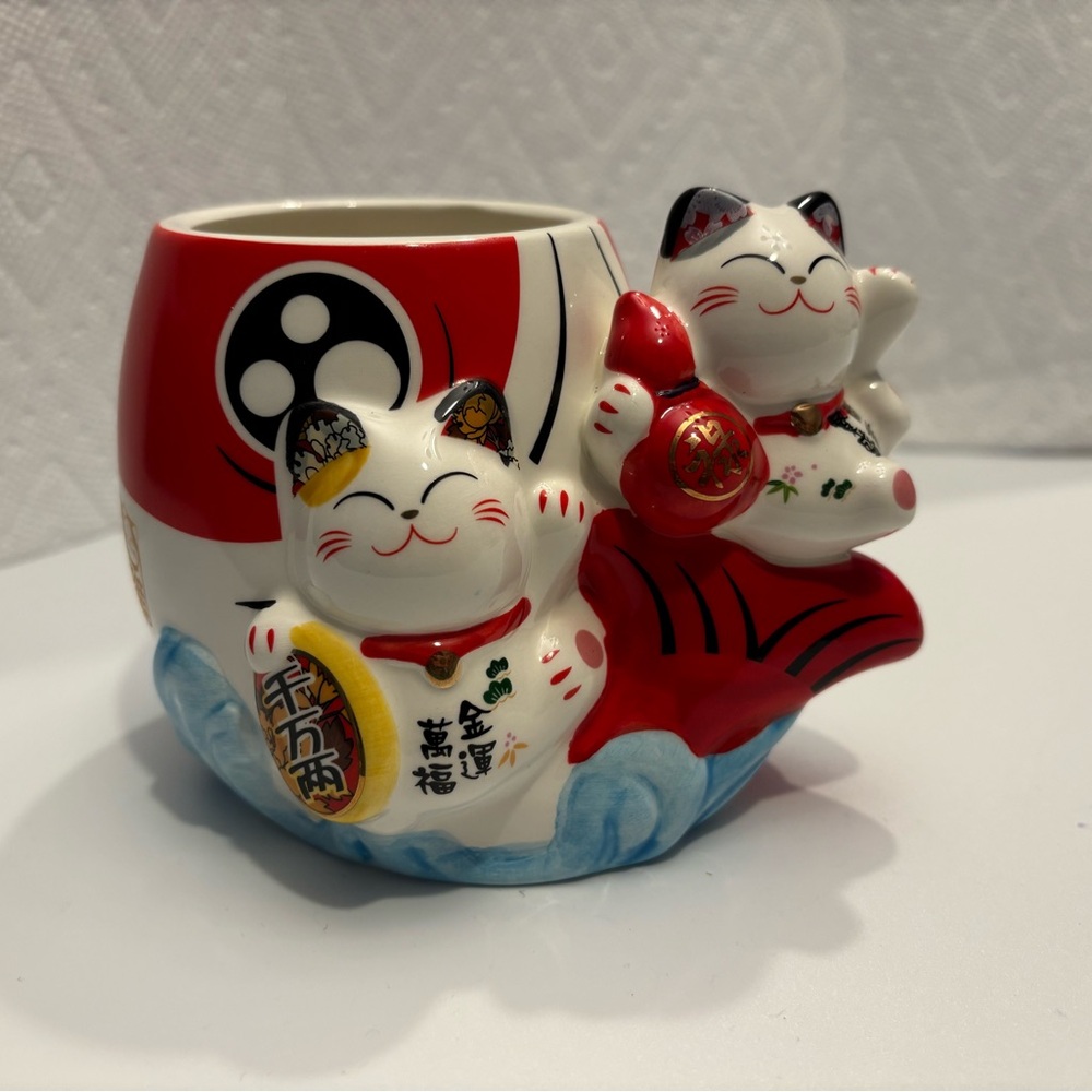 Lucky Cat Ceramic with Red and White Design